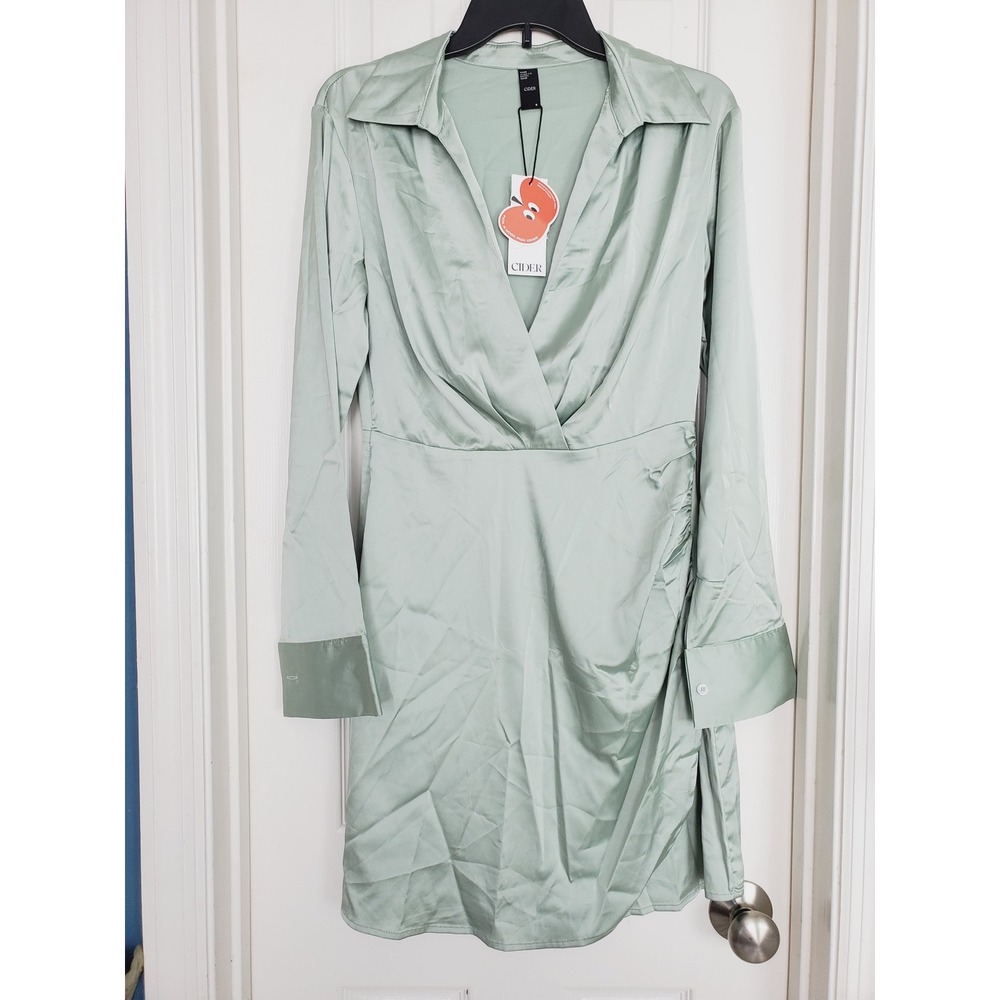 Cider Mini Dress Wedding Guest Pale Green Satin Ruched Long Sleeve Cocktail S